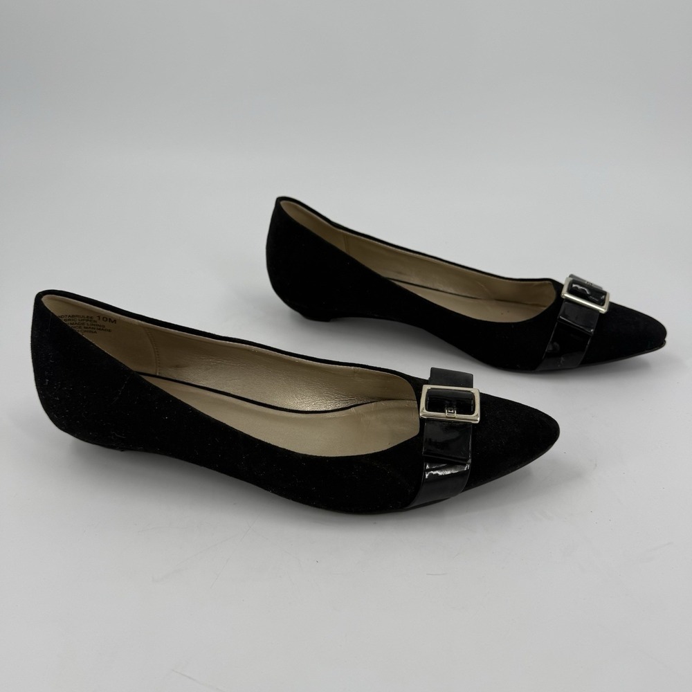 Bandolino Women's 10M Black Suede Pointed Toe Ballet Flats Buckle Dress Shoes